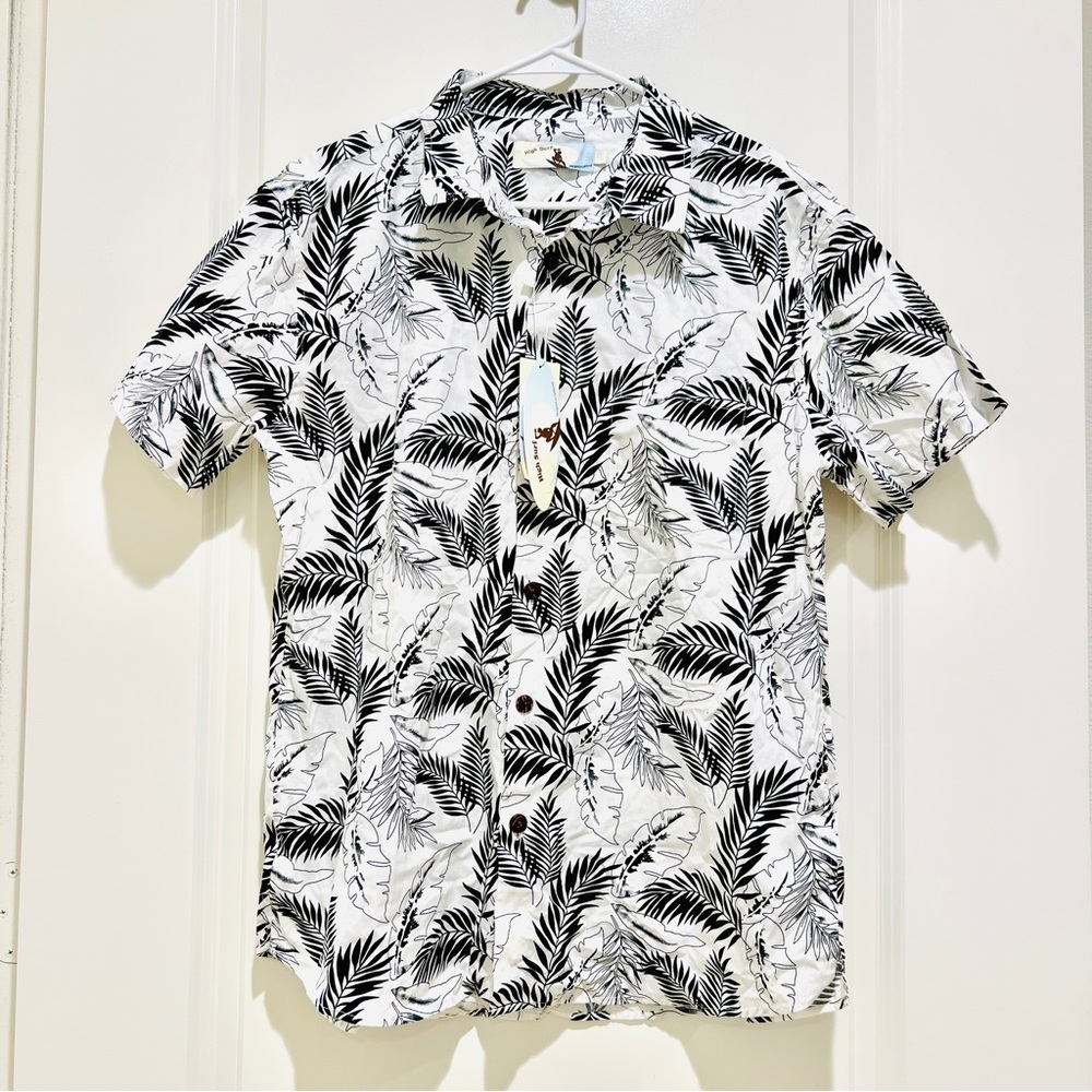 High Surf Men's PALM LEAVES black white Hawaiian Short Sleeve Shirt Large NWT